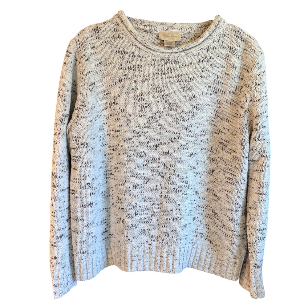 Studio Works Womens Large Marled Knit Sweater Tan Brown Crew Neck Long Sleeve - Picture 2 of 9